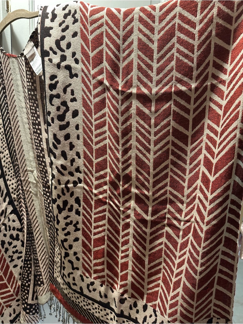 Chico's Open-Front Patterned Ruana in Rust, Black & Cream - Picture 5 of 5